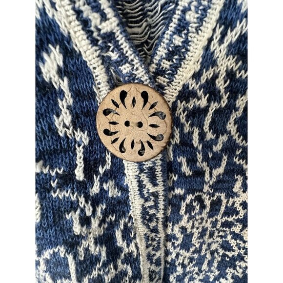 Coldwater Creek Blue/ White Geometric Weave One Wooden Button Cardigan Sz Xl - Picture 4 of 7